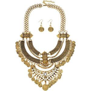 Women Vintage Boho Ethnic Chunky Festival Gold Necklace Earrings Set